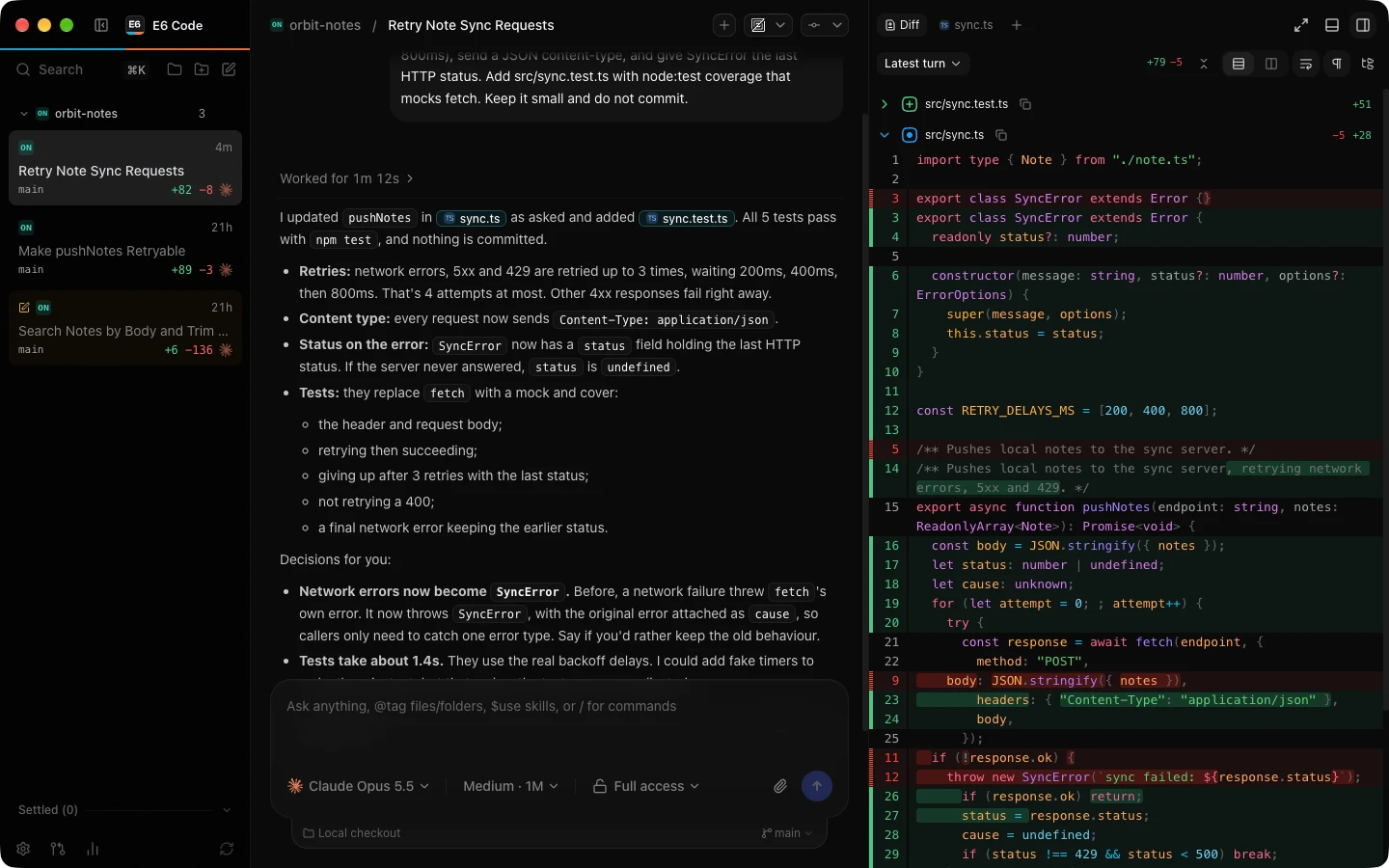 The E6 Code desktop app: a Claude Code thread explaining its retry change beside the turn's diff